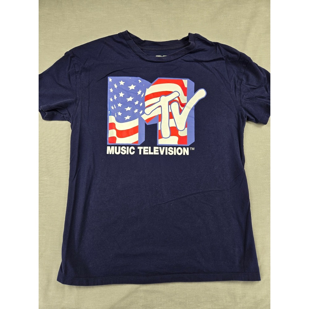 MTV Music Television Mens American Flag Logo Graphic T-Shirt Navy Blue Large